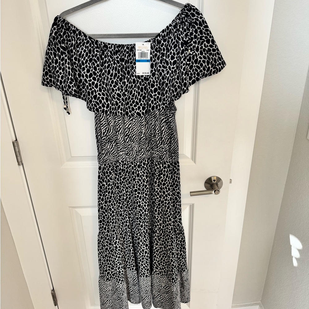 Michael Kors Black and White Off-Shoulder Midi Dress
